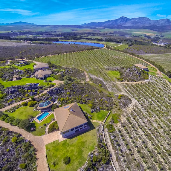Aerial view of the vineyards and villas at Barton, Bot River